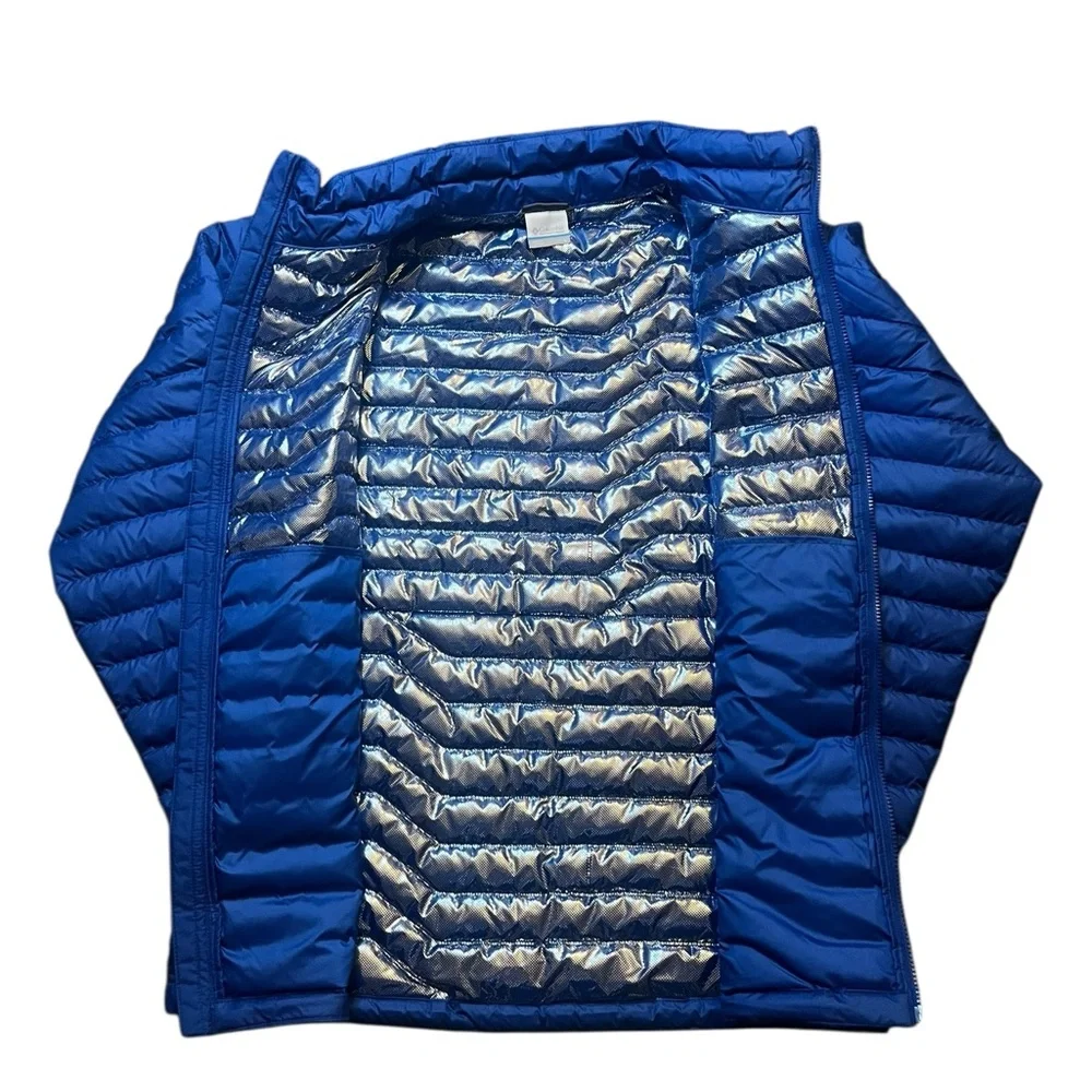 Columbia Men's Large Woodrose Crest Omni-Heat Down Jacket Zipper Pockets Blue